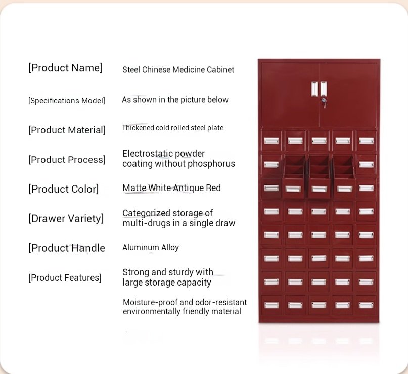 Antique Red steel Chinese medicine cabinet for traditional TCM clinic design