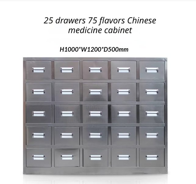 25-drawer 201 stainless steel Chinese herb cabinet with 75 divided compartments for TCM clinic pharmacy storage
