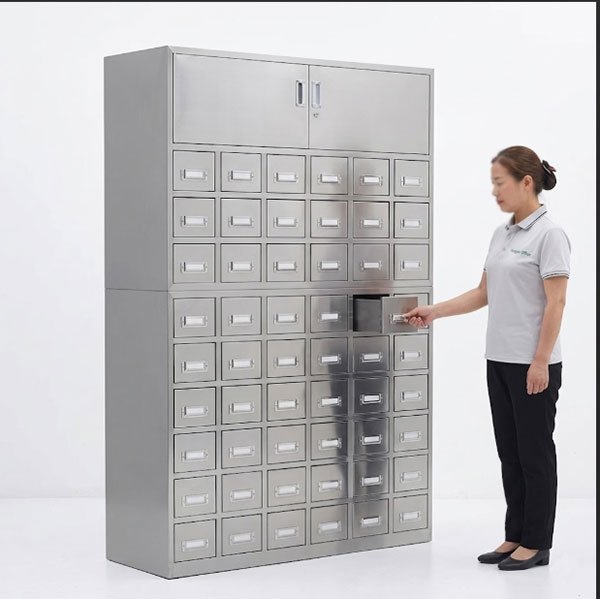 48 Drawer Stainless Steel Herbal Cabinet Front View for Acupuncture Clinic 1200mm Wide