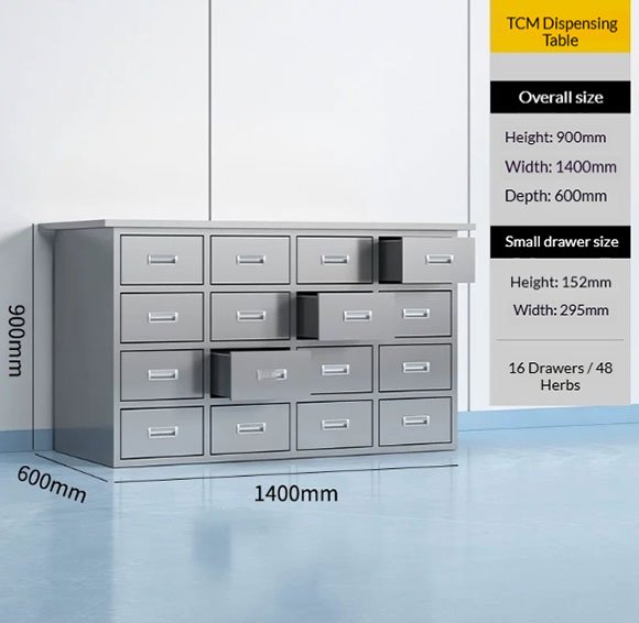 16 Drawer Stainless Steel Herb Cabinet | 48 Herbs, 3 Compartments Per Drawer for Clinic Storage