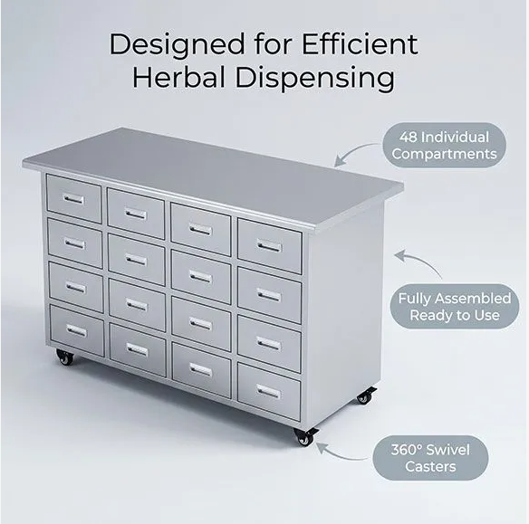 16-drawer 201 stainless steel Chinese herbal dispensing table with 48 herb compartments