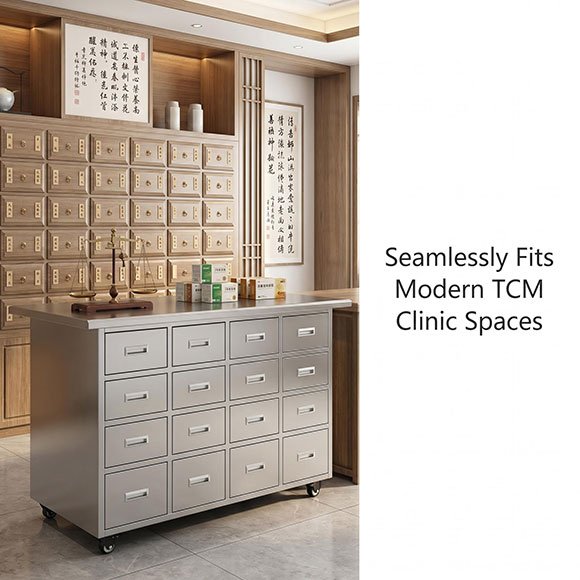 clinic herb cabinet in use stainless steel countertop TCM pharmacy setup