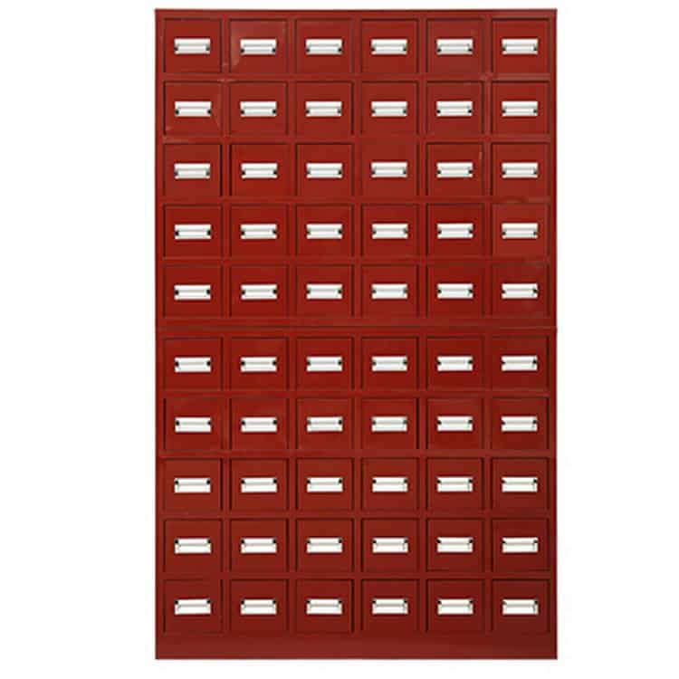 Red 16-drawer steel herb dispensing table with stainless steel top