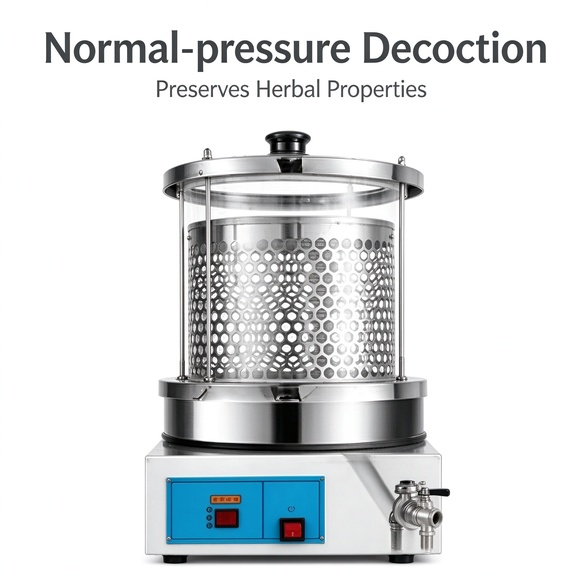 Herbal decoction machine with stainless steel body and glass chamber for a TCM clinic