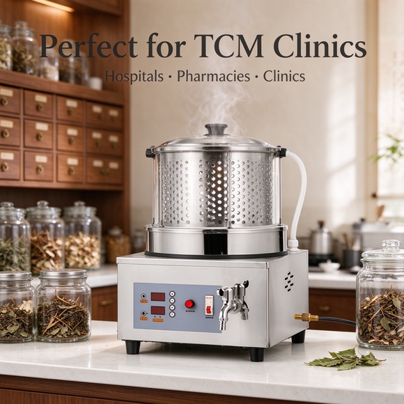 Herbal decoction machine working in a TCM clinic pharmacy